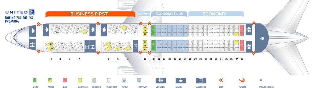 Seat map Boeing 757-200 United Airlines. Best seats in plane