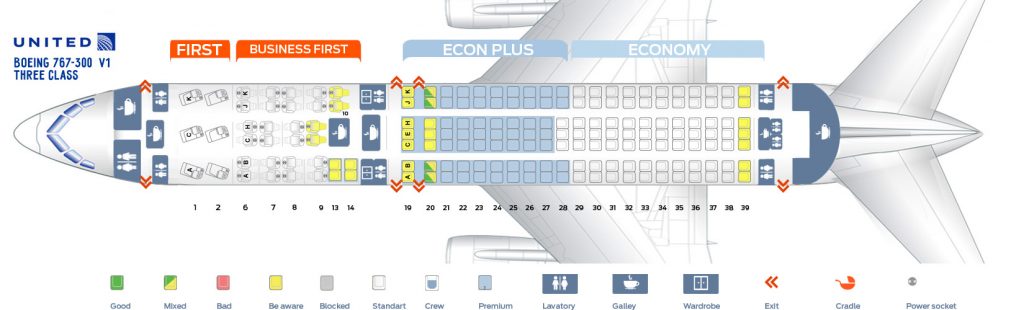 Seat map Boeing 767-300 United Airlines. Best seats in plane