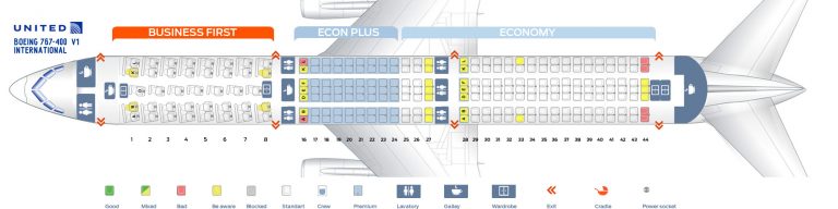 Seat map Boeing 767-400 United Airlines. Best seats in plane