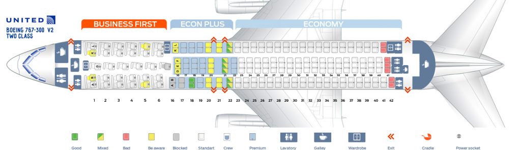 Seat map Boeing 767-300 United Airlines. Best seats in plane