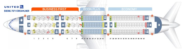 Seat map Boeing 787-9 United Airlines. Best seats in plane