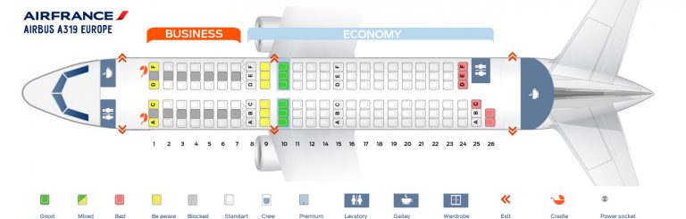 Seat map Airbus A319-100 Air France. Best seats in plane