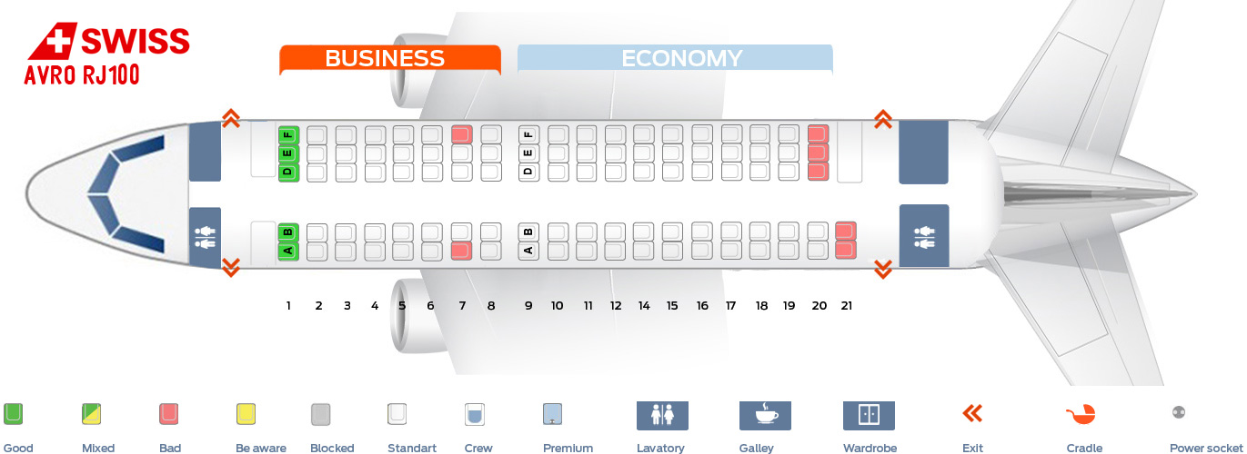 Seat map British Aerospace Avro RJ100 Swiss Airlines. Best seats in plane