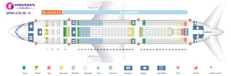 Seat map Airbus A330-200 Hawaiian Airlines. Best seats in the plane