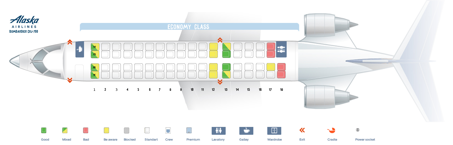 Seat map Canadair CRJ700 Alaska Airlines. Best seats in the plane