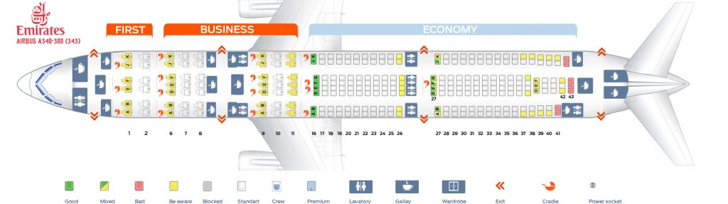 Seat map Airbus A340-300 Emirates. Best seats in the plane