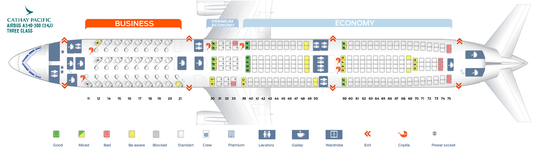 Seat map Airbus A340-300 Cathay Pacific. Best seats in the plane