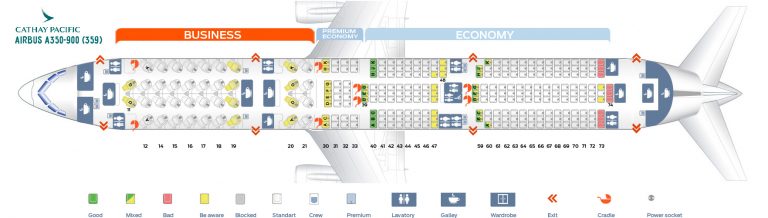 Seat map Airbus A350-900 Cathay Pacific. Best seats in the plane