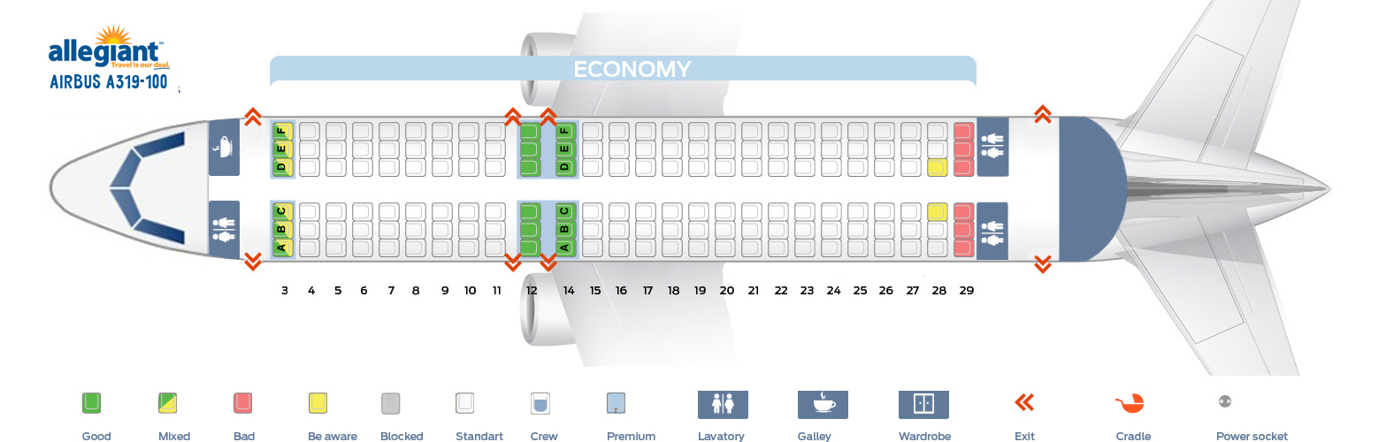 Seat map Airbus A319100 Allegiant Air. Best seats in the plane