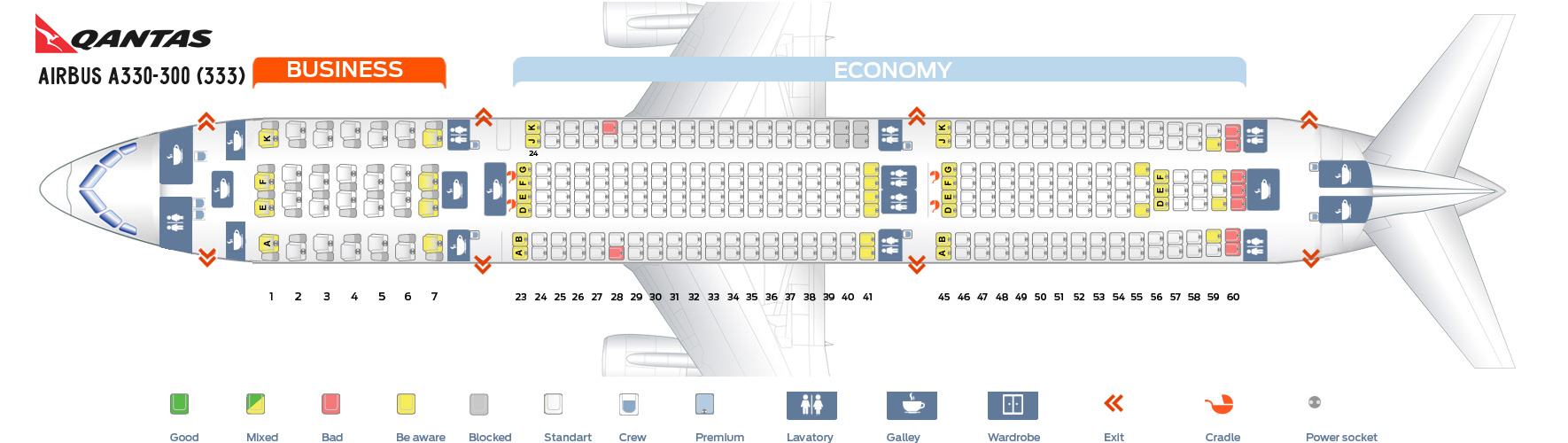 Seat map Airbus A330-300 Qantas Airways. Best seats in the plane