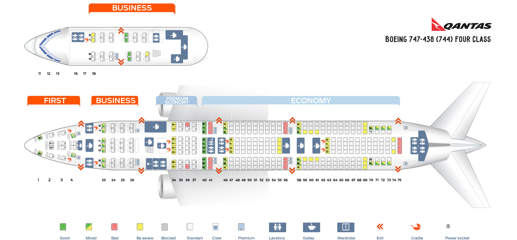 Seat Map Boeing 747-438 Four Class Qantas Airways