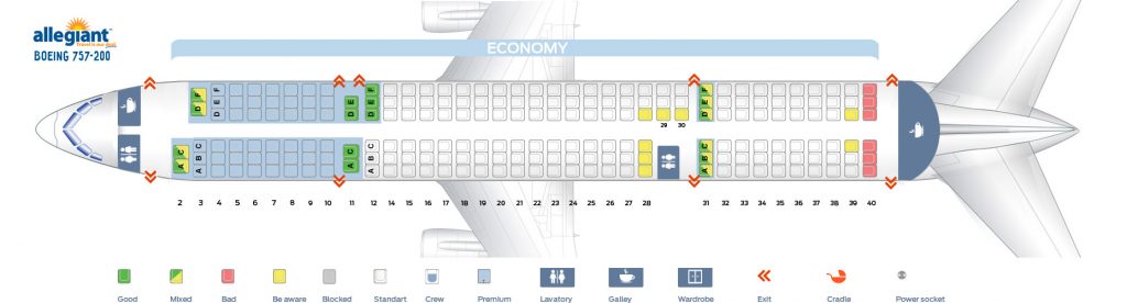 Seat map Boeing 757-200 Allegiant Air. Best seats in the plane