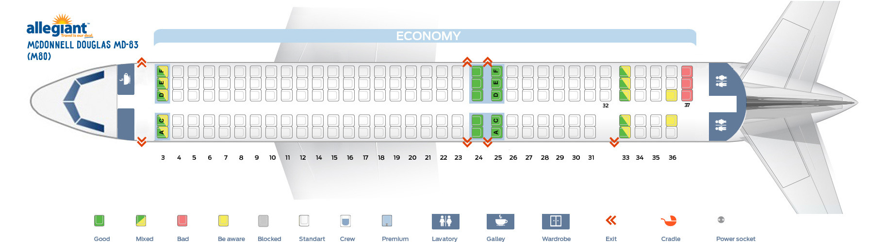 Seat map McDonnell Douglas MD-83 Allegiant Air. Best seats in the plane