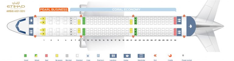 Seat map Airbus A321-200 Etihad Airways. Best seats in the plane