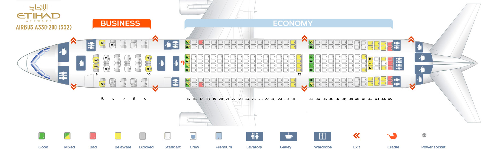 Seat map Airbus A330-200 Etihad Airways. Best seats in the plane