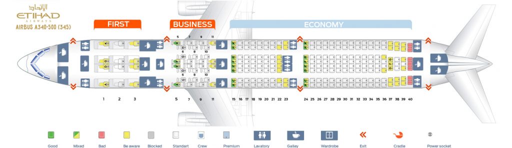 Seat map Airbus A340-500 Etihad Airways. Best seats in the plane