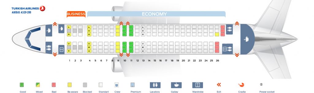 Seat map Airbus A320-200 Turkish Airlines. Best seats in the plane