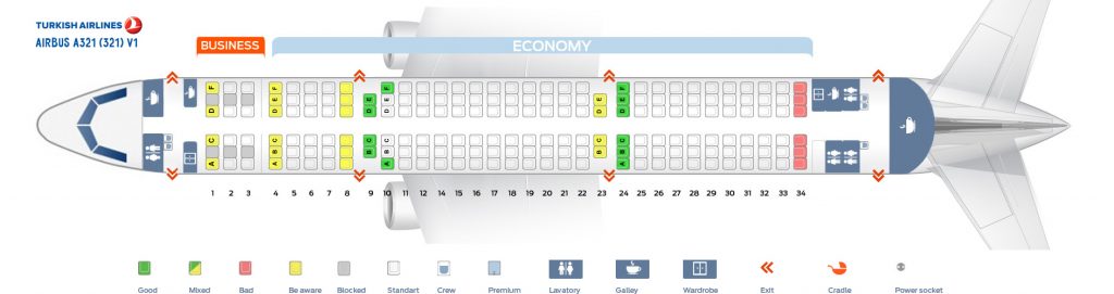 Seat map Airbus A321-100 Turkish Airlines. Best seats in the plane