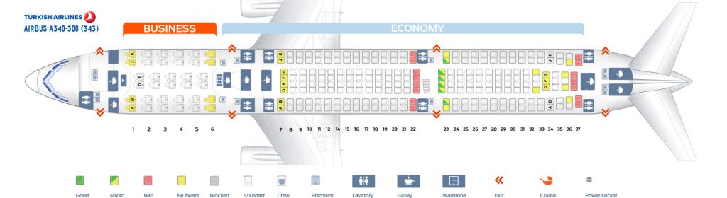 Seat map Airbus A340-300 Turkish Airlines. Best seats in the plane