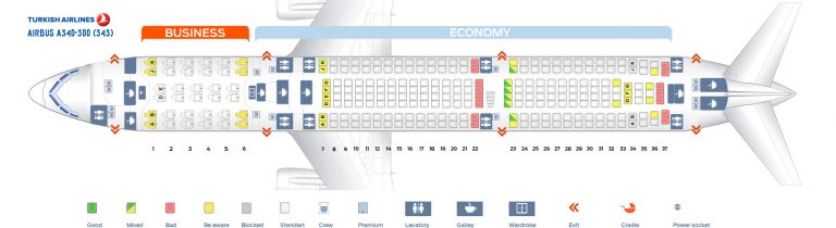 Seat map Airbus A340-300 Turkish Airlines. Best seats in the plane