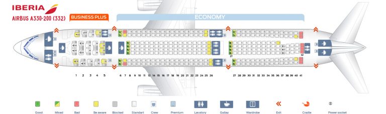 Seat map Airbus A330-200 Iberia. Best seats in the plane