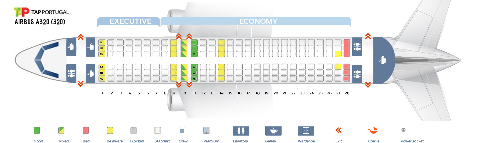 Seat map Airbus A320-200 TAP Portugal. Best seats in the plane