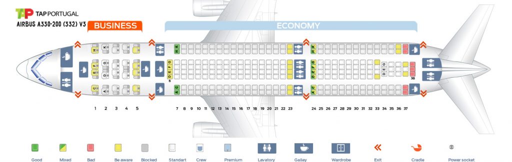 Seat map Airbus A330-200 TAP Portugal. Best seats in the plane
