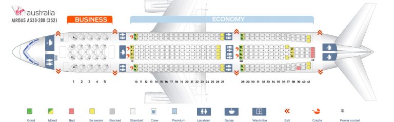 Seat map Airbus A330-200 Virgin Australia. Best seats in the plane