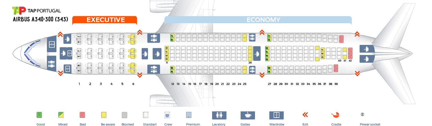 Seat map Airbus A340-300 TAP Portugal. Best seats in the plane