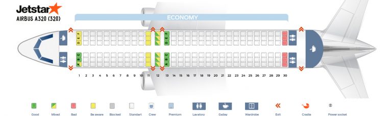 Seat map Airbus A320-200 Jetstar. Best seats in the plane