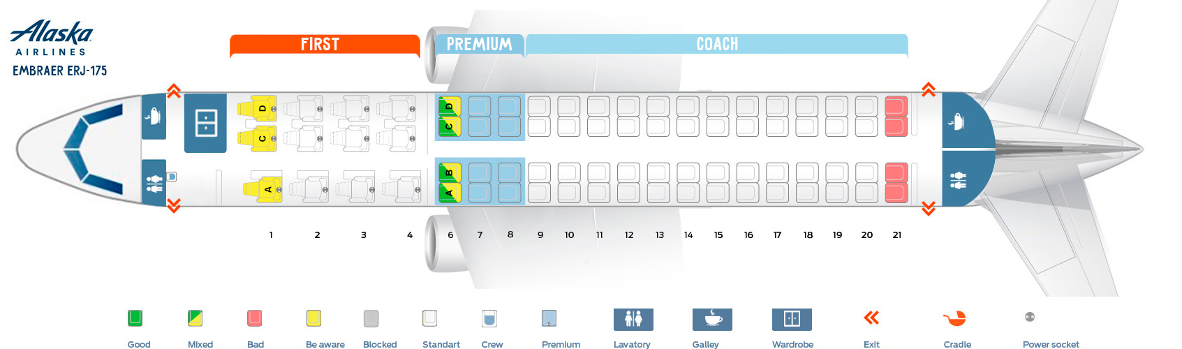 Seat map Embraer ERJ175 "Alaska Airlines". Best seats in the plane