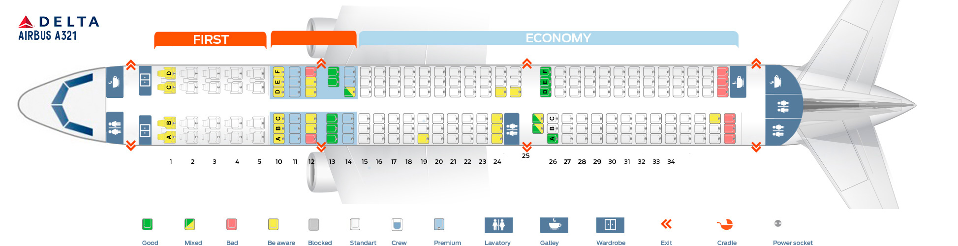 Seat map Airbus A321 Delta Air Lines