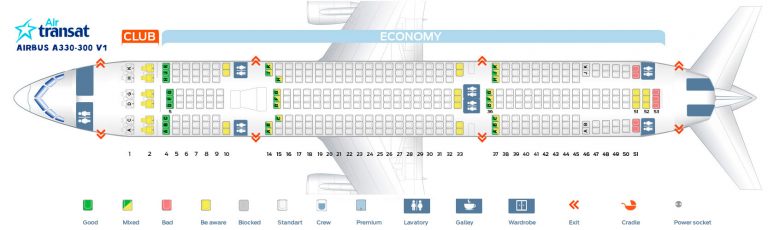 Seat map Airbus A330-300 Air Transat. Best seats in the plane