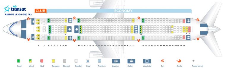 Seat map Airbus A330-300 Air Transat. Best seats in the plane