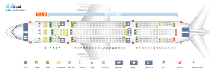 Seat map Airbus A330-200 Air Transat. Best seats in the plane