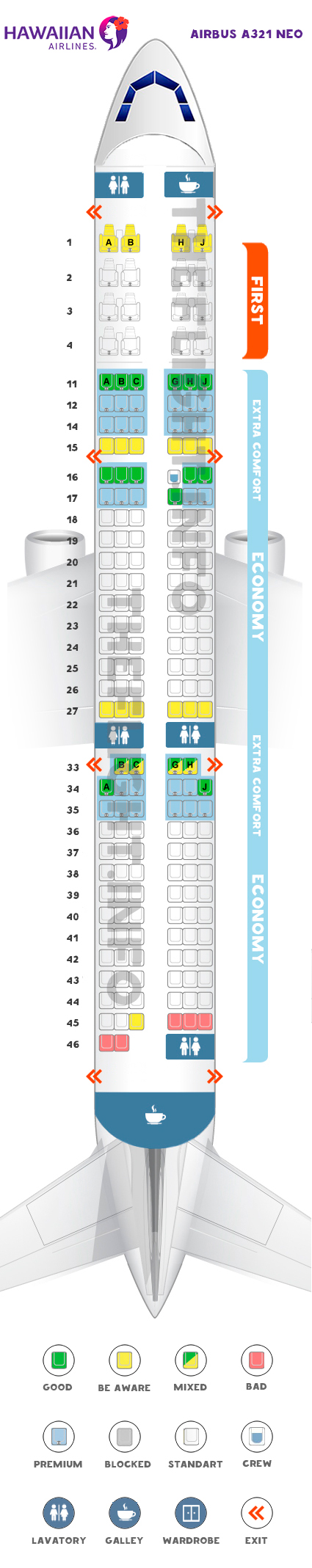 Seat map Airbus A321neo "Hawaiian Airlines". Best seats in the plane