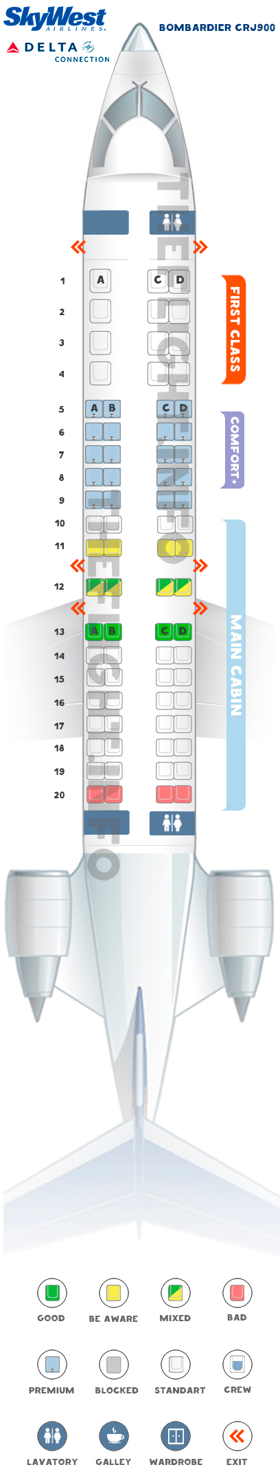 Regional Jet 900 Seating Chart Seat Map Bombardier Crj-900 "Skywest". Best Seats In The Plane